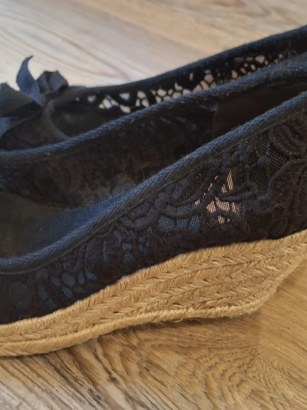 Tory Burch Black Lace Espadrille Wedge Flats with Gold Logo